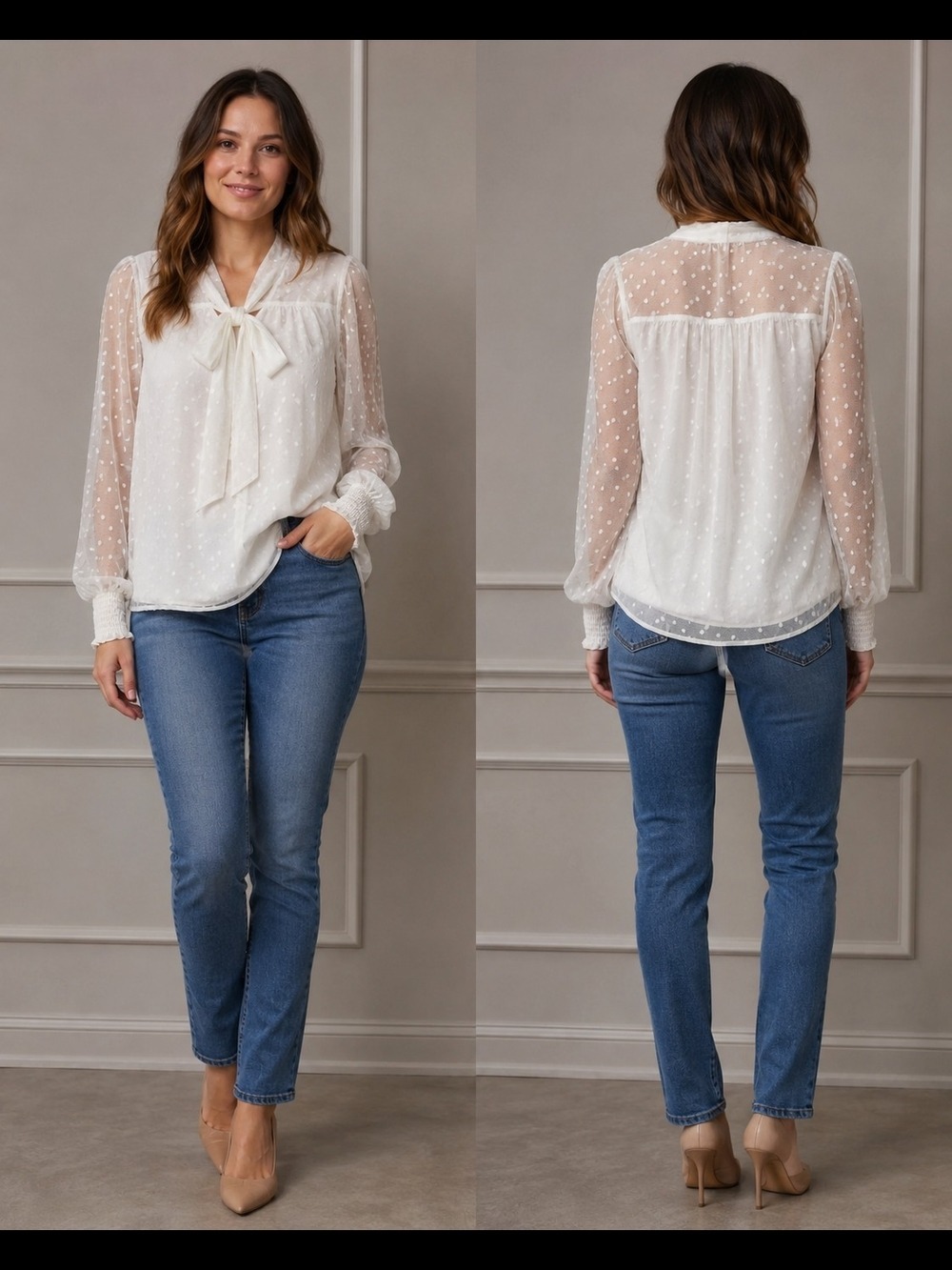 Maeve by Anthropologie Ivory Swiss Dot Tie-Neck Blouse